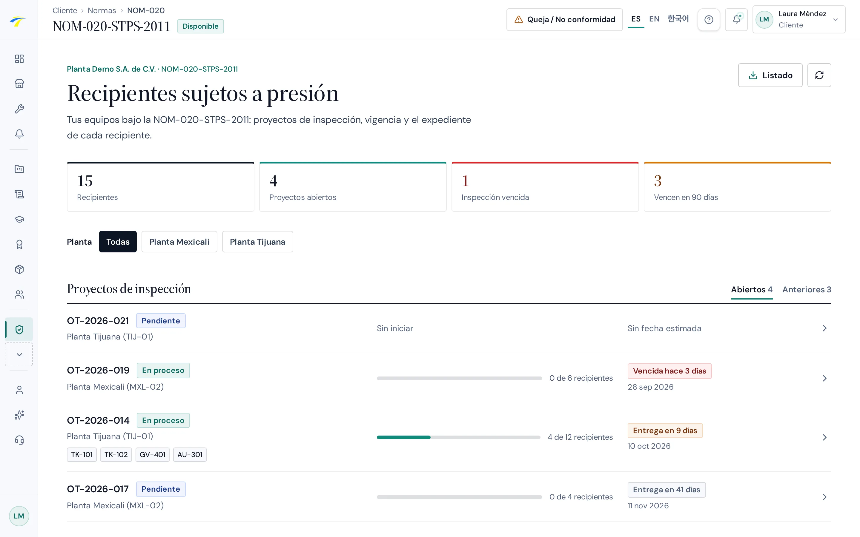 Portal del cliente de CSE: resumen NOM-020 con el total de recipientes, inspecciones vencidas y por vencer, y los proyectos de inspección en curso con su avance